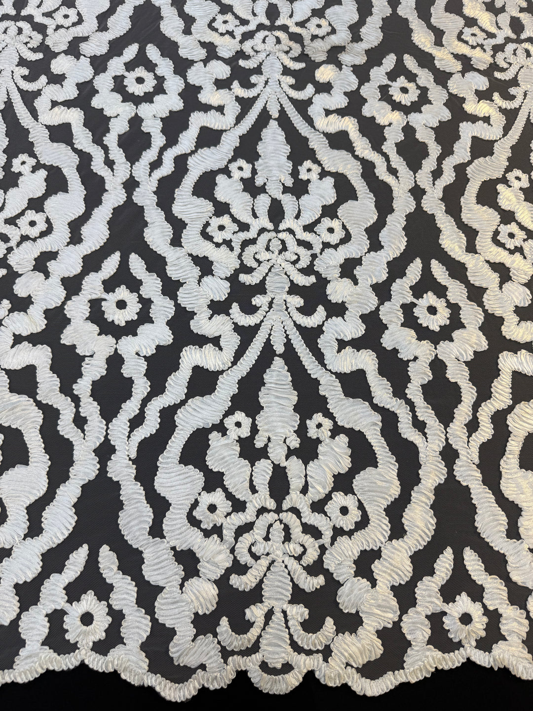Luxury Baroque Satin Cord Embroidered Lace Fabric – White Satin Thread on Black Tulle