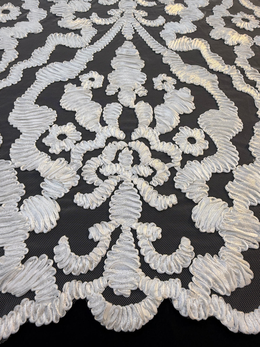 Luxury Baroque Satin Cord Embroidered Lace Fabric – White Satin Thread on Black Tulle