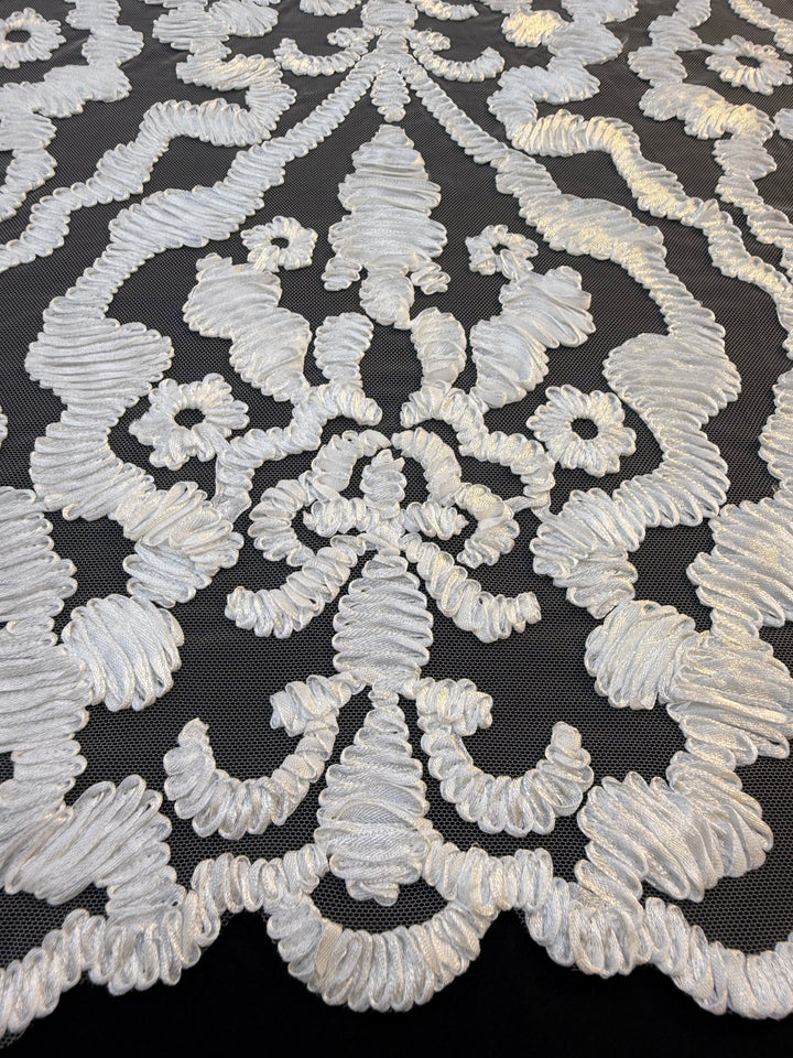 Luxury Baroque Satin Cord Embroidered Lace Fabric – White Satin Thread on Black Tulle ( 1 Piece = 3.5 Meter)
