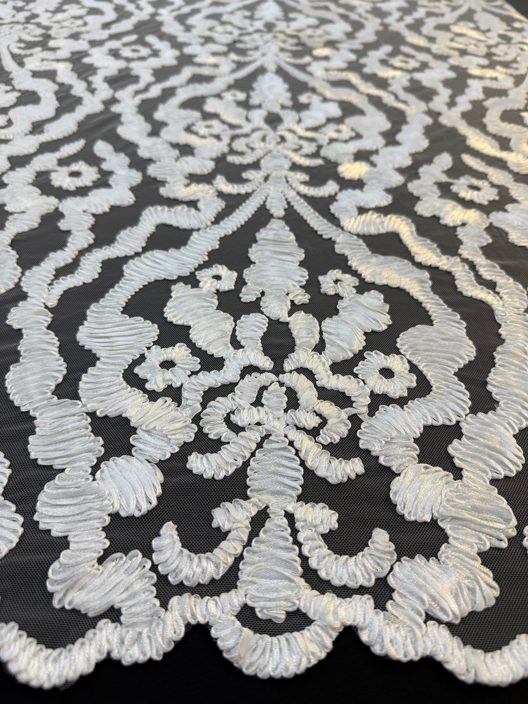 Luxury Baroque Satin Cord Embroidered Lace Fabric – White Satin Thread on Black Tulle
