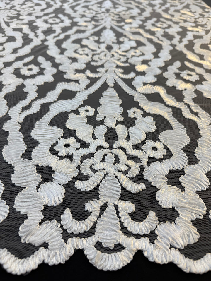 Luxury Baroque Satin Cord Embroidered Lace Fabric – White Satin Thread on Black Tulle