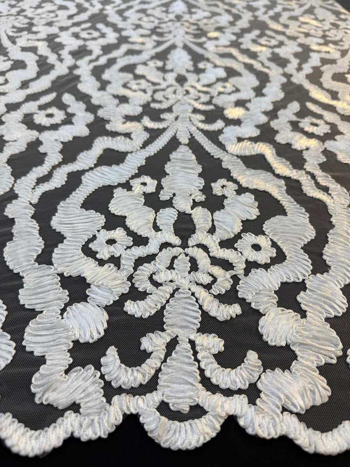 Luxury Baroque Satin Cord Embroidered Lace Fabric – White Satin Thread on Black Tulle ( 1 Piece = 3.5 Meter)