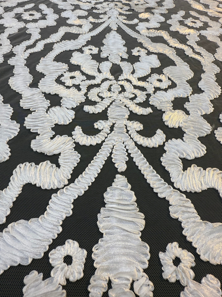 Luxury Baroque Satin Cord Embroidered Lace Fabric – White Satin Thread on Black Tulle