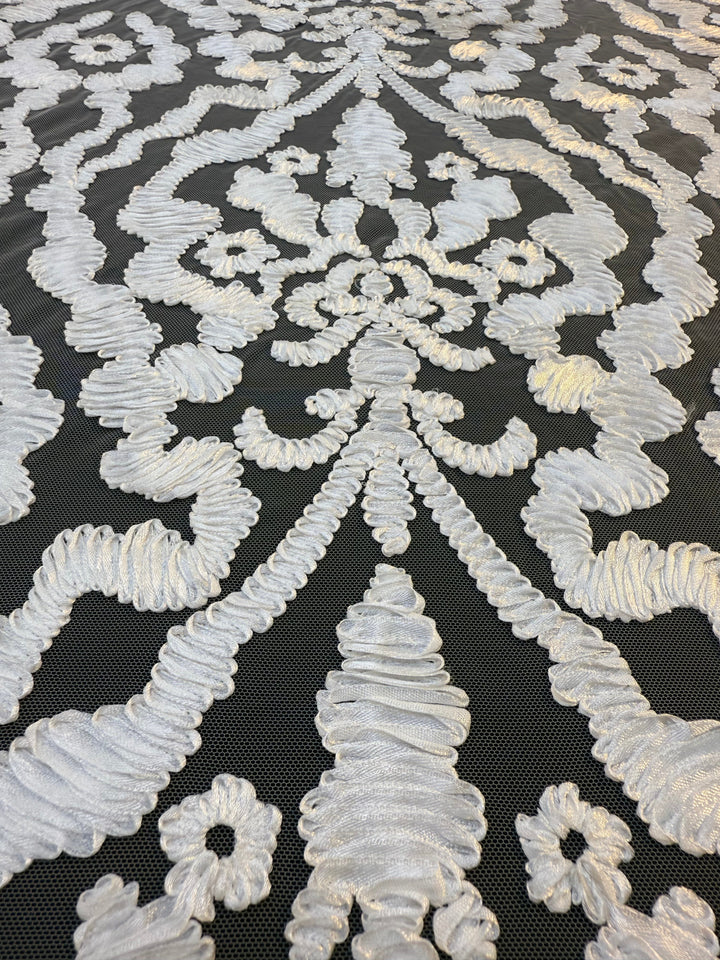 Luxury Baroque Satin Cord Embroidered Lace Fabric – White Satin Thread on Black Tulle ( 1 Piece = 3.5 Meter)