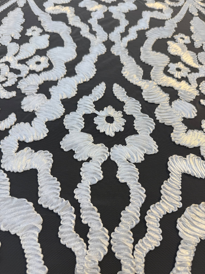 Luxury Baroque Satin Cord Embroidered Lace Fabric – White Satin Thread on Black Tulle