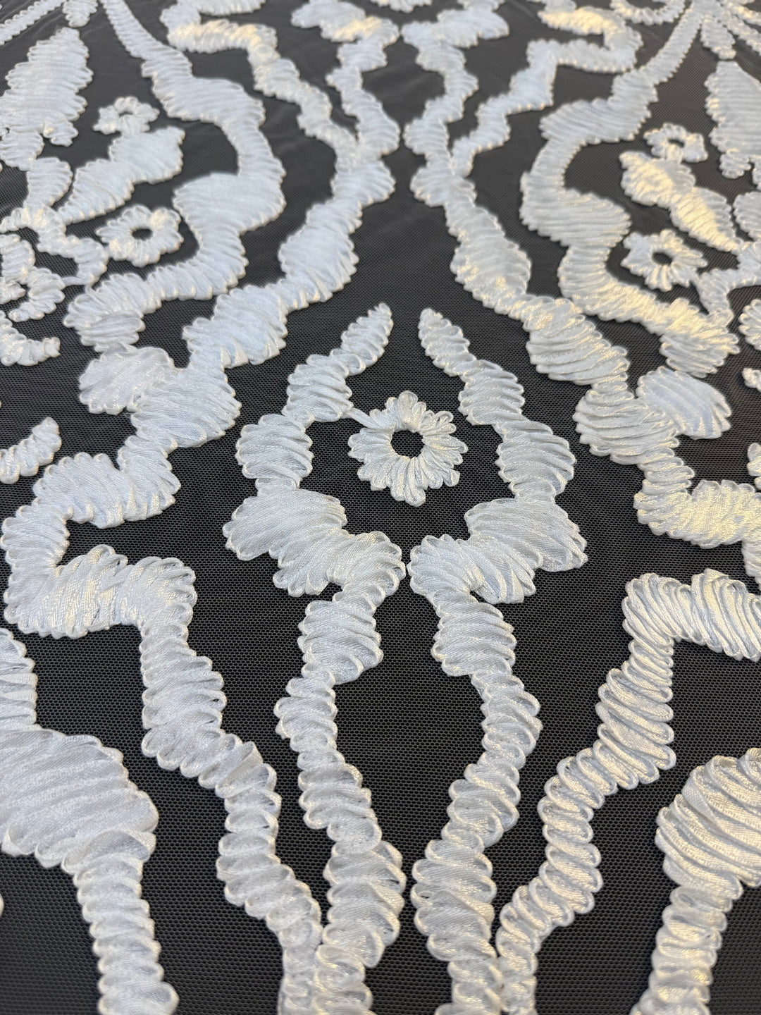 Luxury Baroque Satin Cord Embroidered Lace Fabric – White Satin Thread on Black Tulle ( 1 Piece = 3.5 Meter)