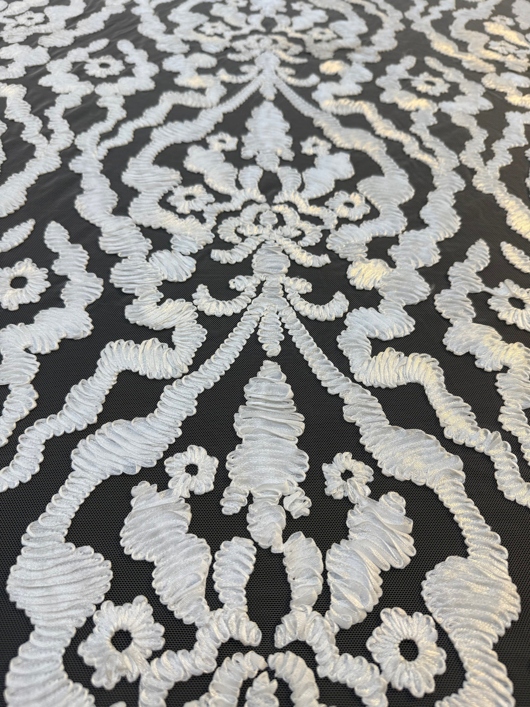 Luxury Baroque Satin Cord Embroidered Lace Fabric – White Satin Thread on Black Tulle ( 1 Piece = 3.5 Meter)