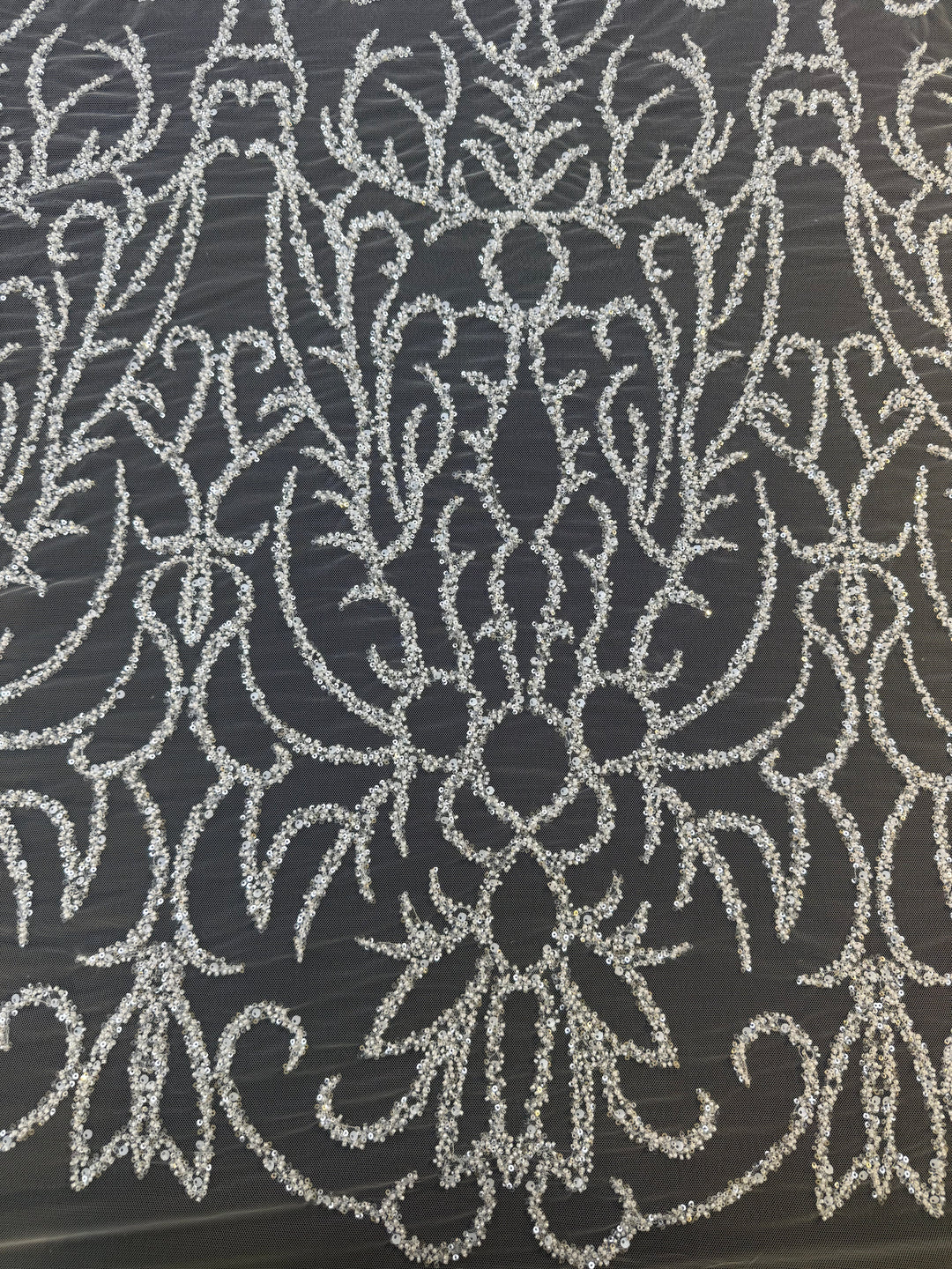 Luxury Silver Sequin Embroidered Tulle Fabric – Ornamental Floral Pattern ( 1 Piece = 4.5 Meter)