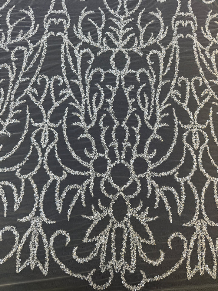 Luxury Silver Sequin Embroidered Tulle Fabric – Ornamental Floral Pattern ( 1 Piece = 4.5 Meter)