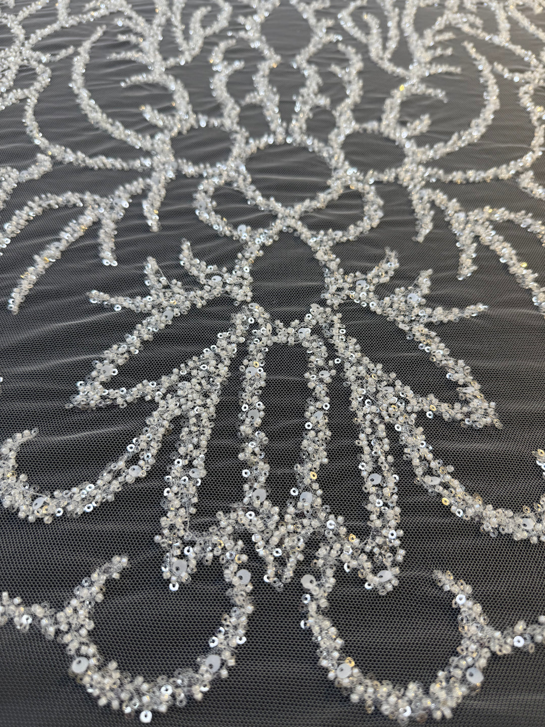 Luxury Silver Sequin Embroidered Tulle Fabric – Ornamental Floral Pattern