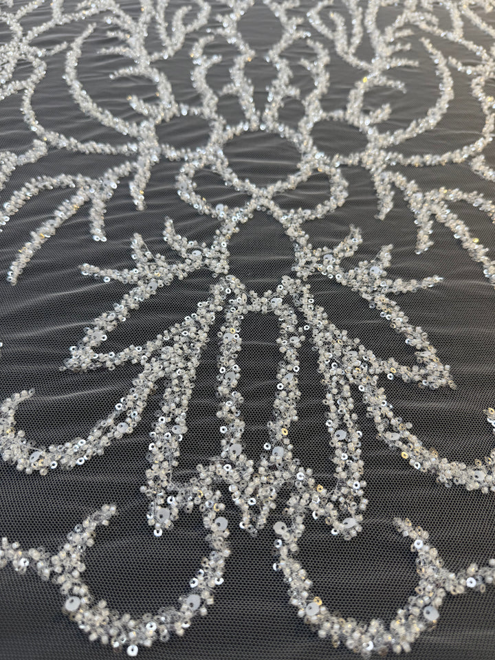 Luxury Silver Sequin Embroidered Tulle Fabric – Ornamental Floral Pattern