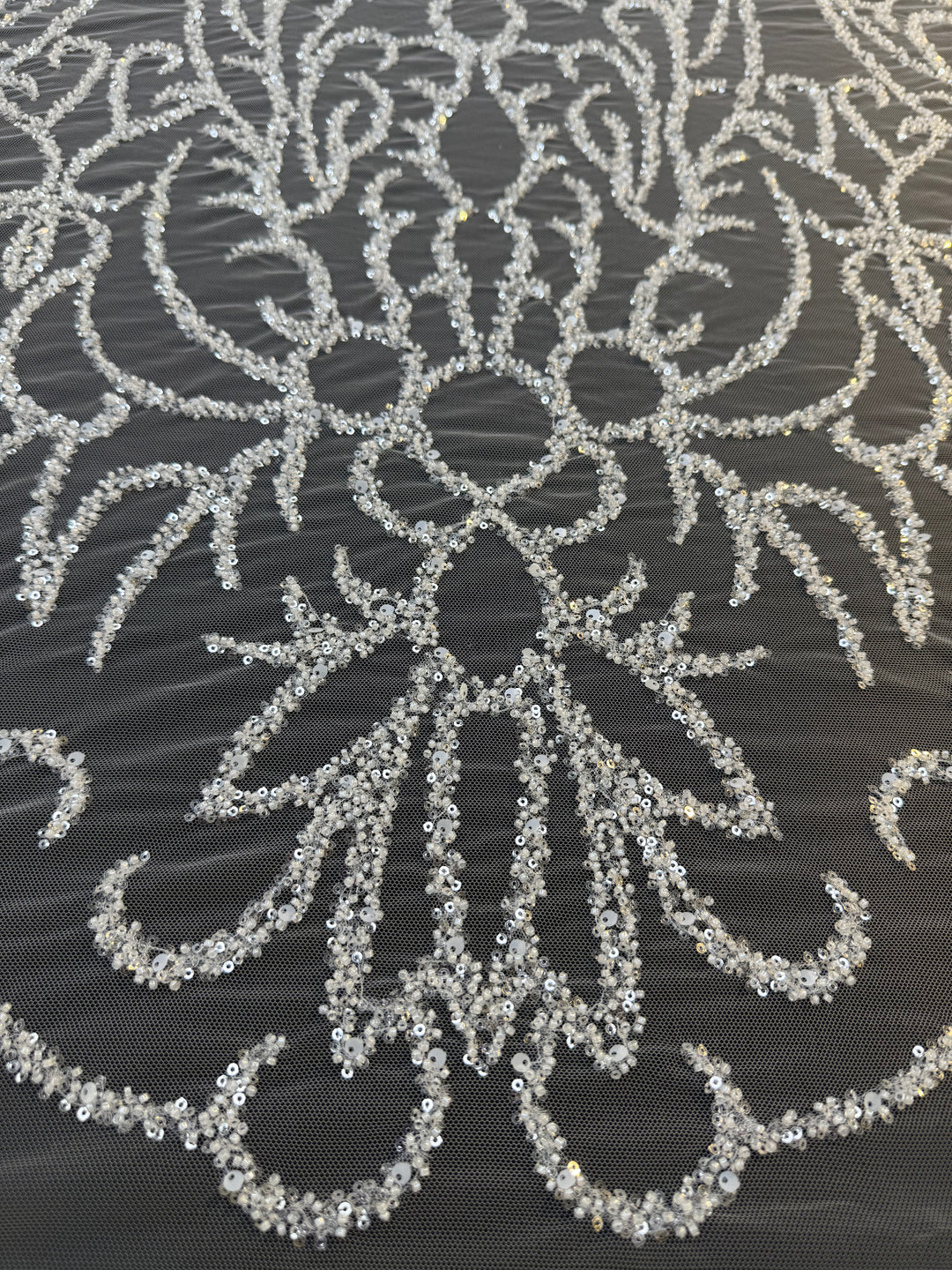Luxury Silver Sequin Embroidered Tulle Fabric – Ornamental Floral Pattern