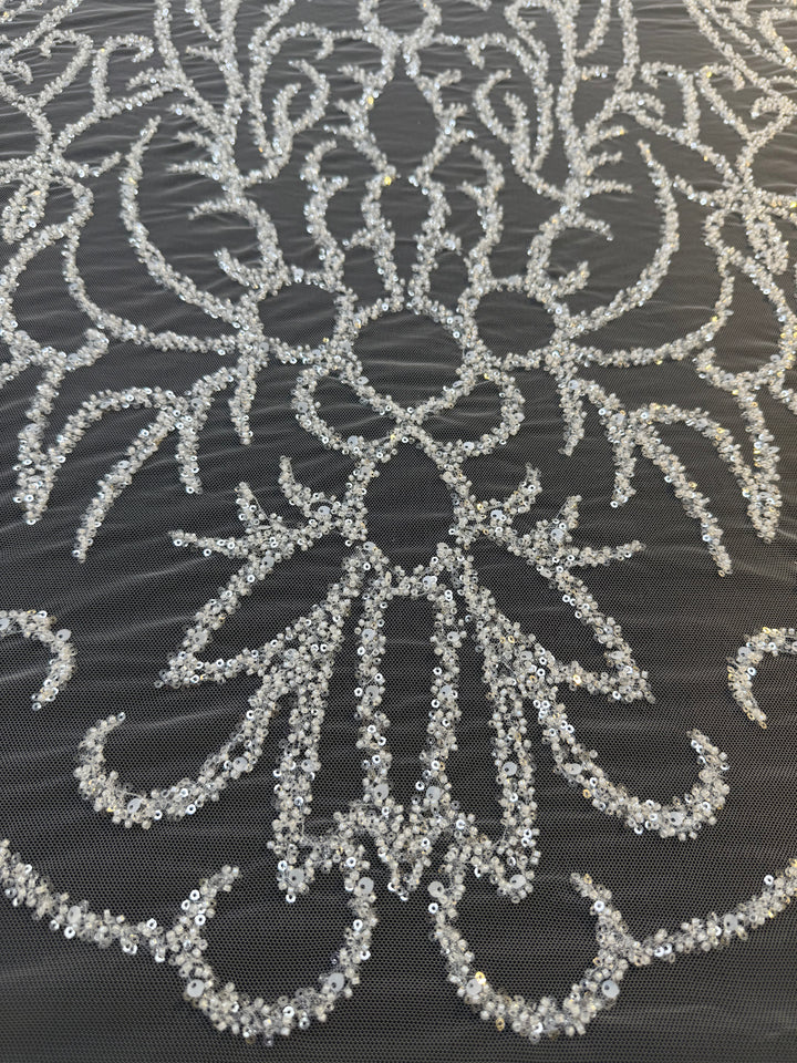 Luxury Silver Sequin Embroidered Tulle Fabric – Ornamental Floral Pattern