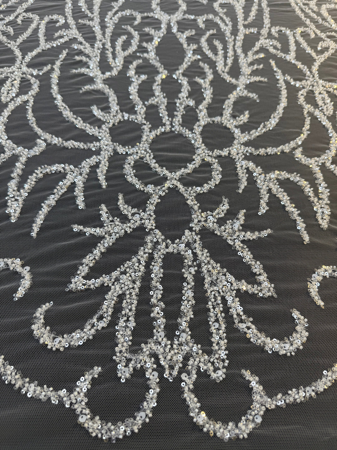 Luxury Silver Sequin Embroidered Tulle Fabric – Ornamental Floral Pattern ( 1 Piece = 4.5 Meter)