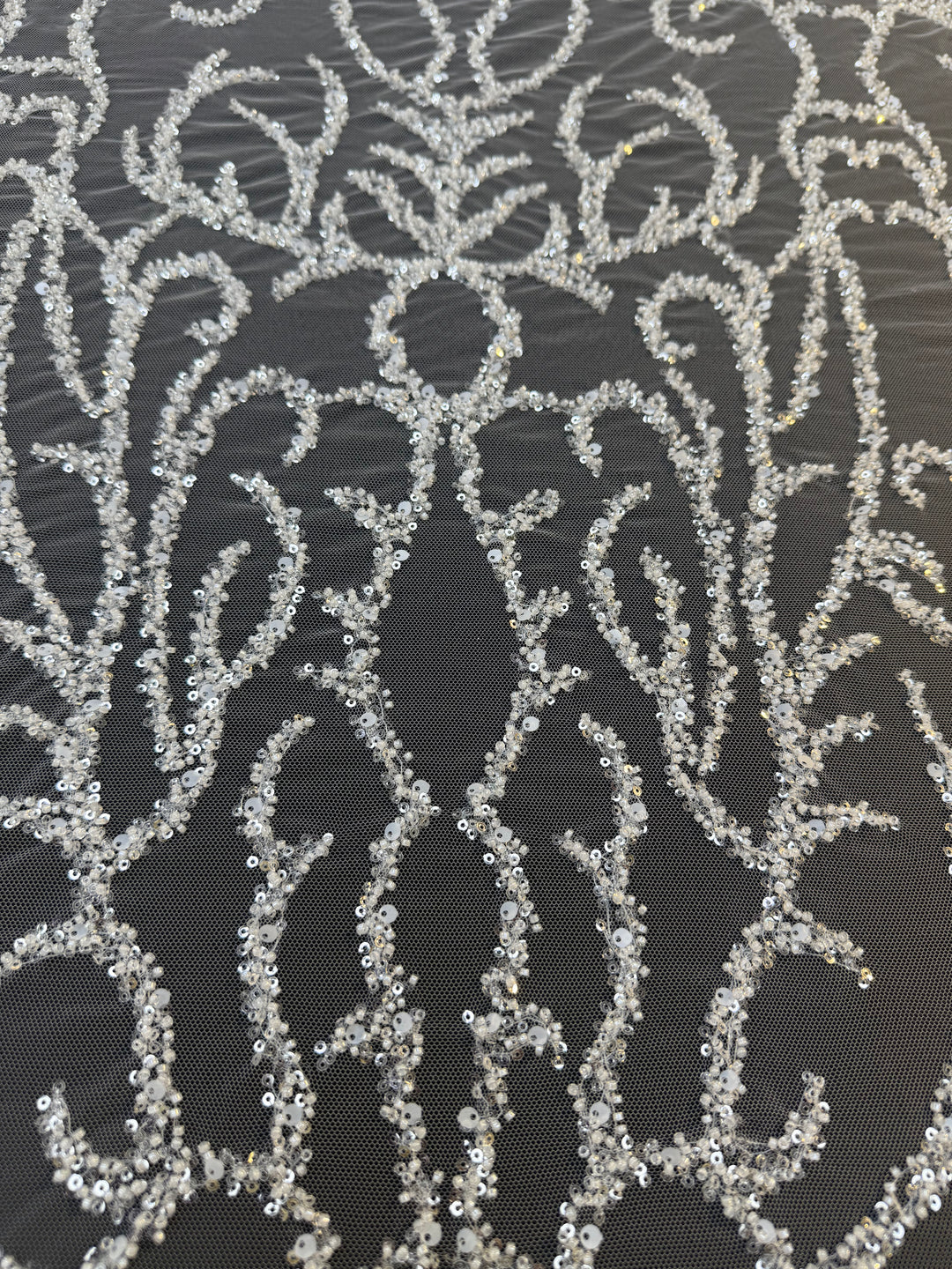 Luxury Silver Sequin Embroidered Tulle Fabric – Ornamental Floral Pattern