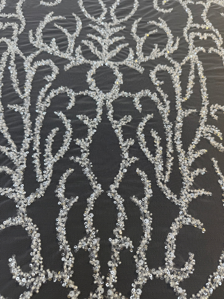 Luxury Silver Sequin Embroidered Tulle Fabric – Ornamental Floral Pattern