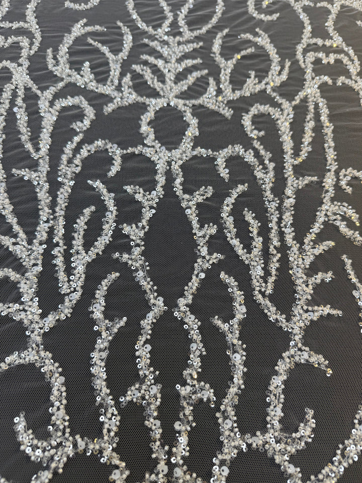 Luxury Silver Sequin Embroidered Tulle Fabric – Ornamental Floral Pattern ( 1 Piece = 4.5 Meter)