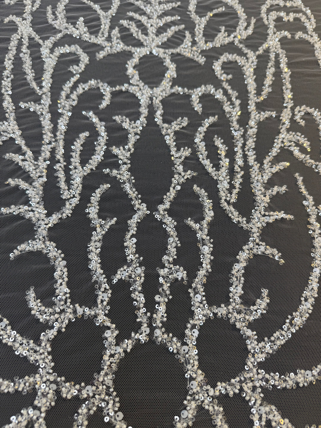 Luxury Silver Sequin Embroidered Tulle Fabric – Ornamental Floral Pattern