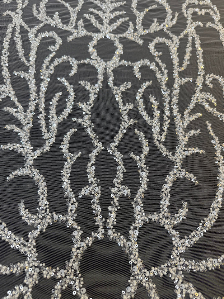 Luxury Silver Sequin Embroidered Tulle Fabric – Ornamental Floral Pattern ( 1 Piece = 4.5 Meter)