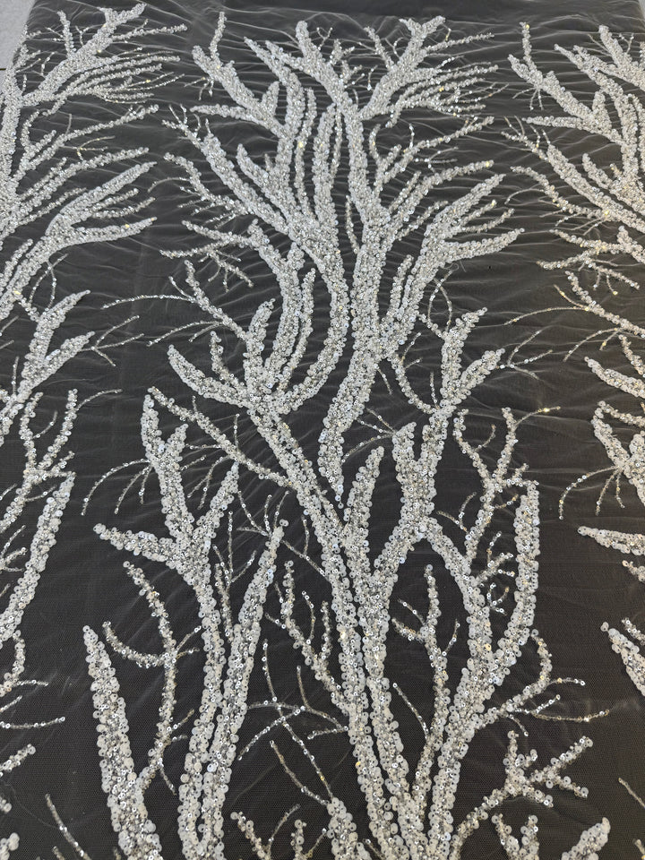 Luxury Silver Sequin Embroidered Tulle – Tree Branch Design ( 1 Piece = 4 Meter)