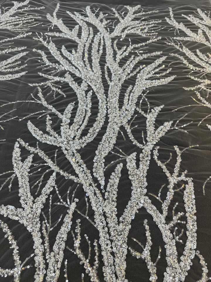 Luxury Silver Sequin Embroidered Tulle – Tree Branch Design ( 1 Piece = 4 Meter)