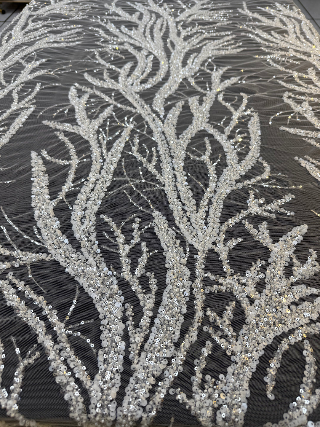 Luxury Silver Sequin Embroidered Tulle – Tree Branch Design