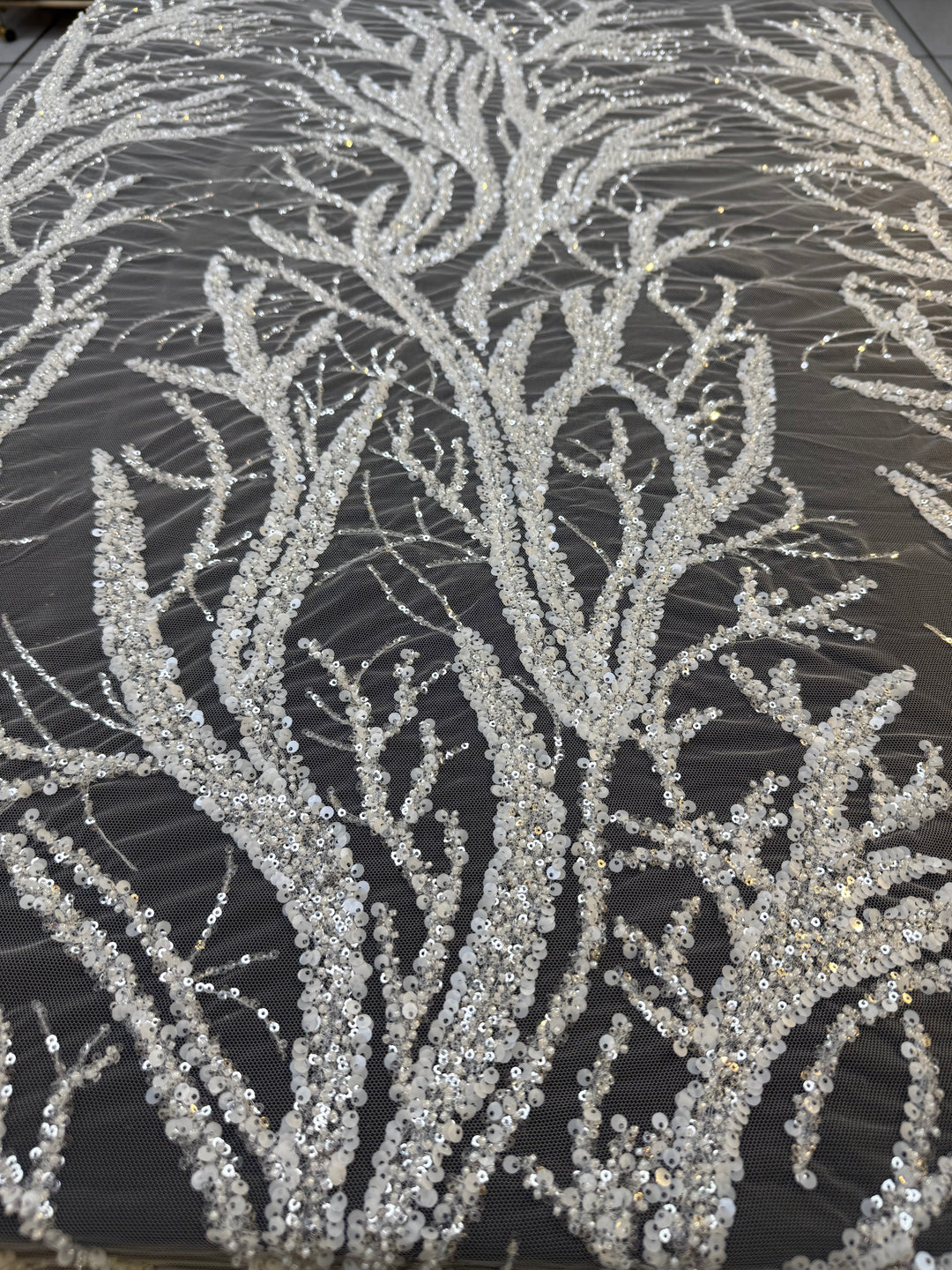 Luxury Silver Sequin Embroidered Tulle – Tree Branch Design ( 1 Piece = 4 Meter)