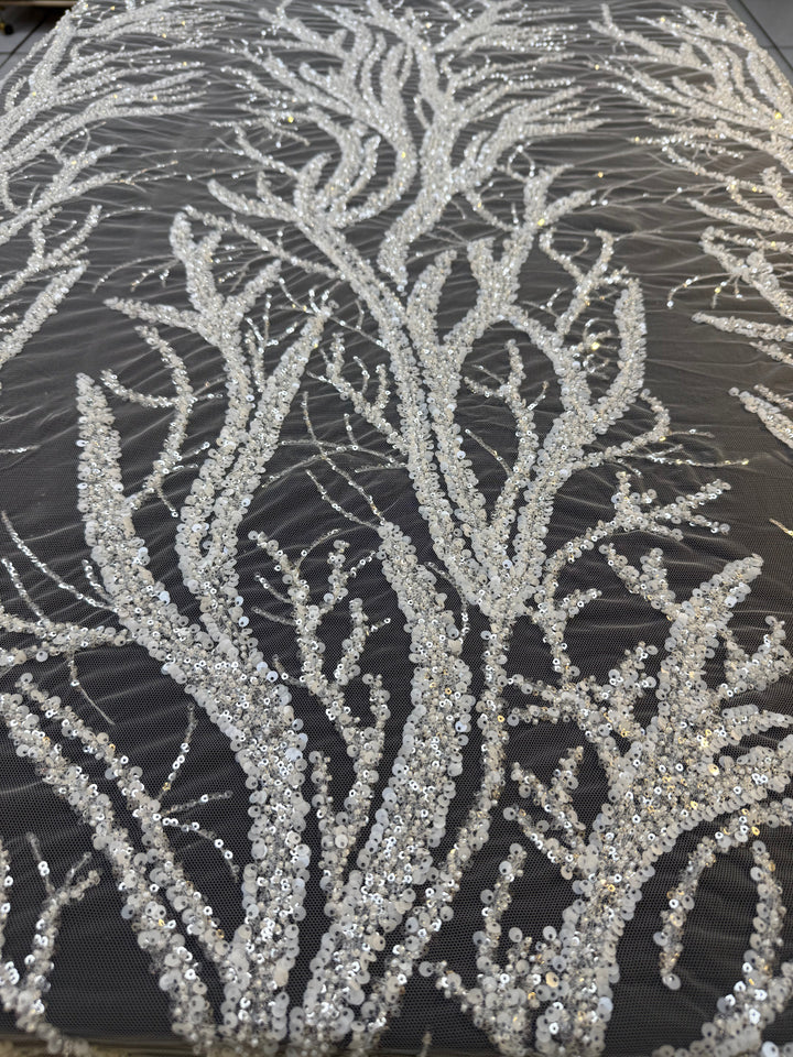 Luxury Silver Sequin Embroidered Tulle – Tree Branch Design ( 1 Piece = 4 Meter)
