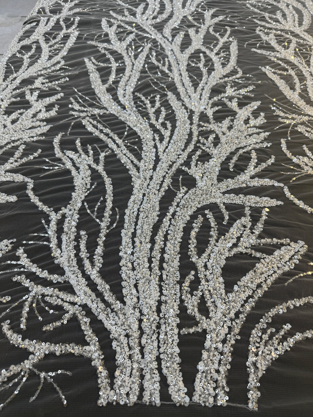 Luxury Silver Sequin Embroidered Tulle – Tree Branch Design