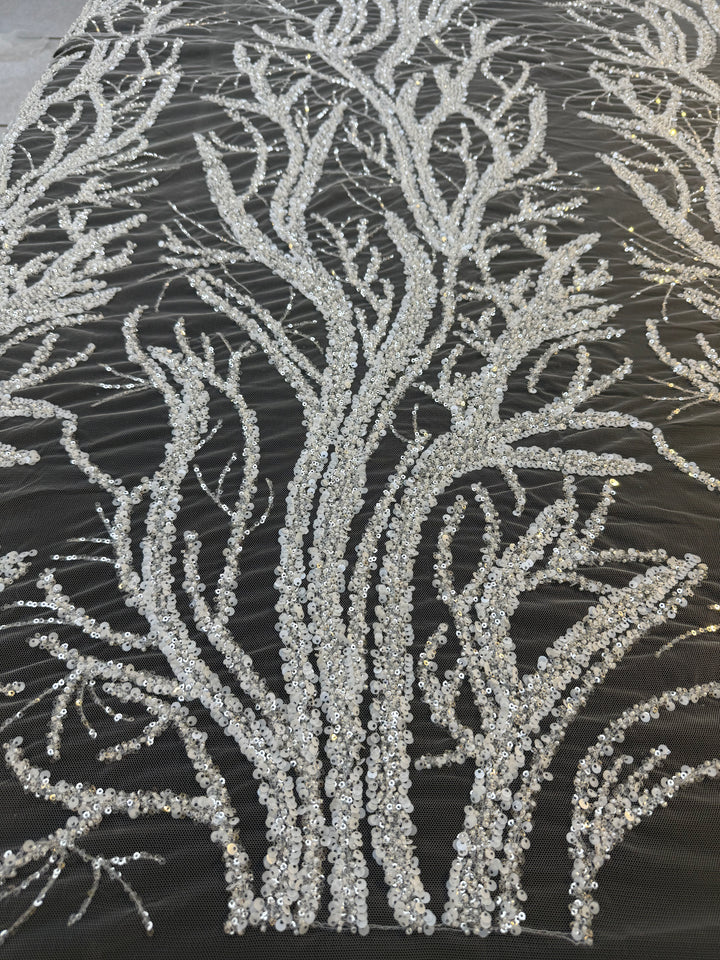 Luxury Silver Sequin Embroidered Tulle – Tree Branch Design