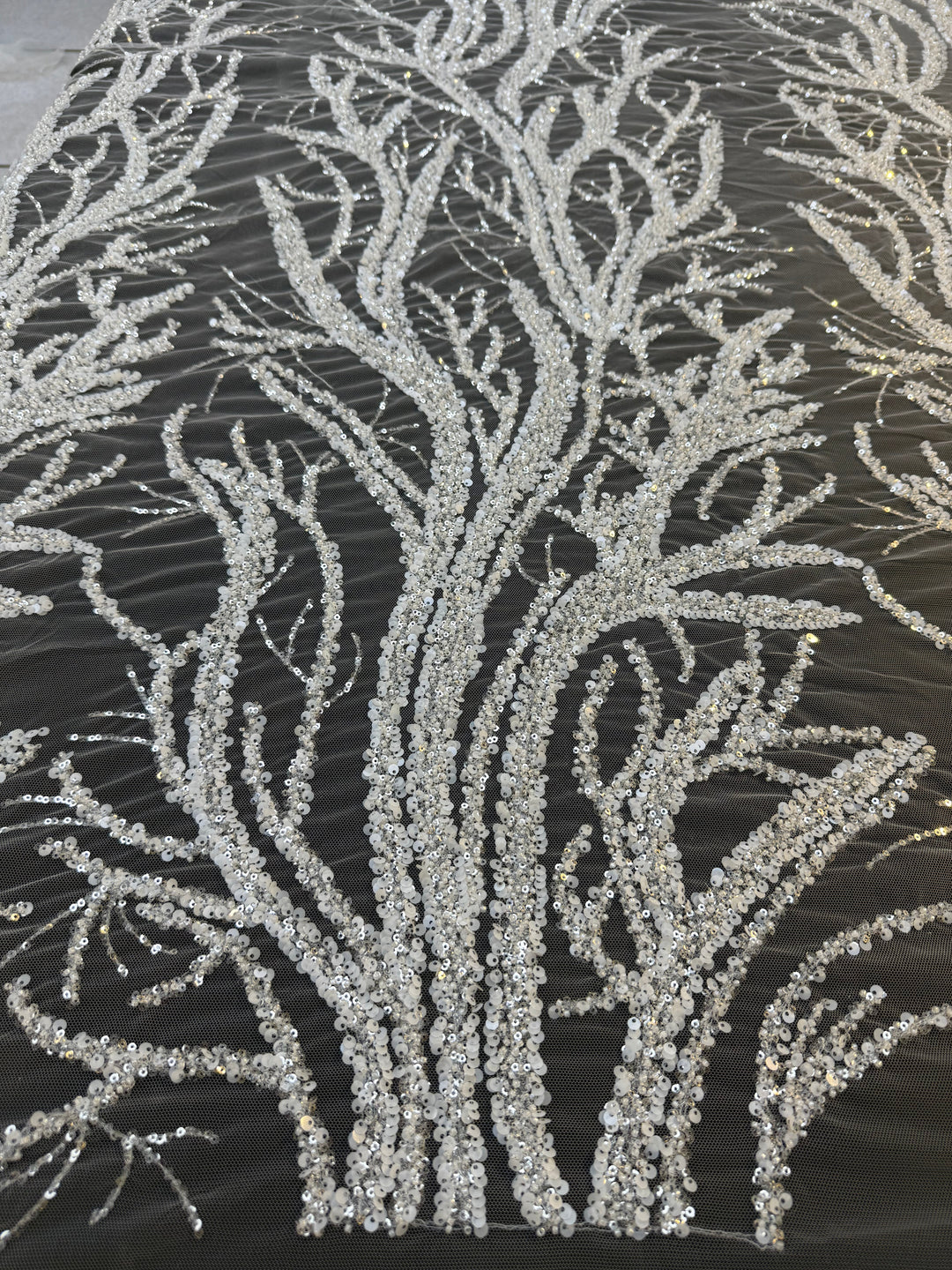 Luxury Silver Sequin Embroidered Tulle – Tree Branch Design ( 1 Piece = 4 Meter)