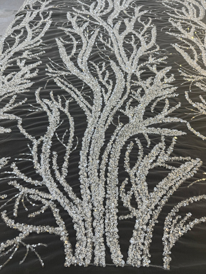 Luxury Silver Sequin Embroidered Tulle – Tree Branch Design ( 1 Piece = 4 Meter)