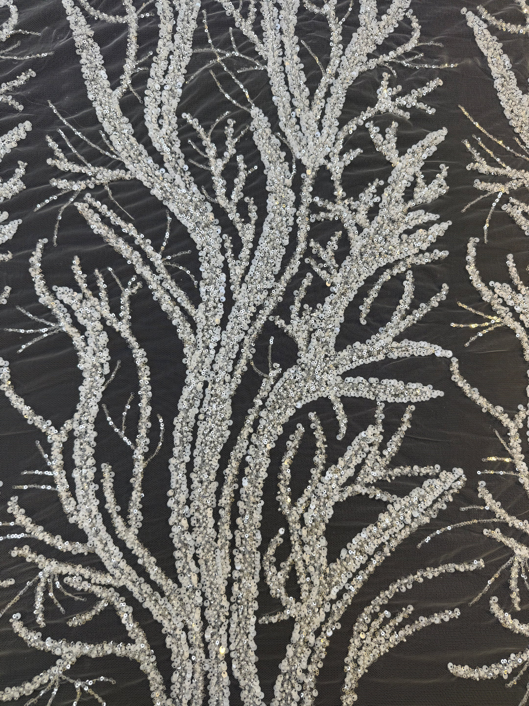 Luxury Silver Sequin Embroidered Tulle – Tree Branch Design