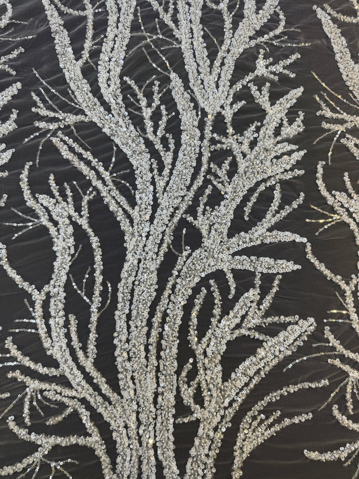 Luxury Silver Sequin Embroidered Tulle – Tree Branch Design