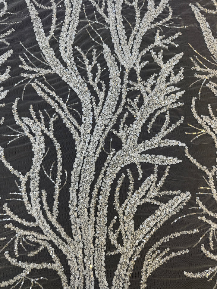 Luxury Silver Sequin Embroidered Tulle – Tree Branch Design ( 1 Piece = 4 Meter)