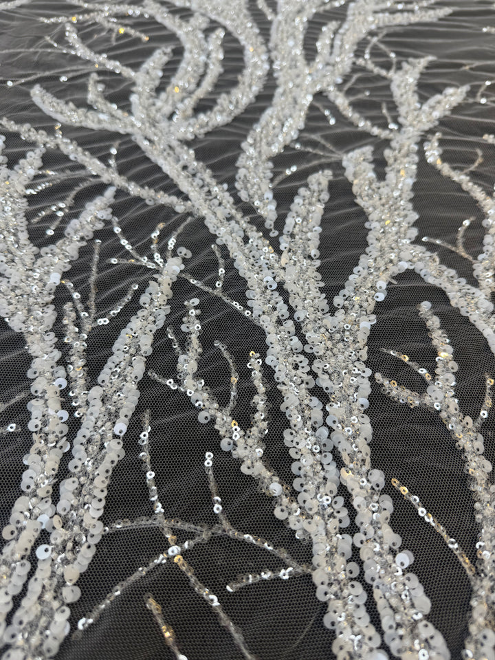 Luxury Silver Sequin Embroidered Tulle – Tree Branch Design