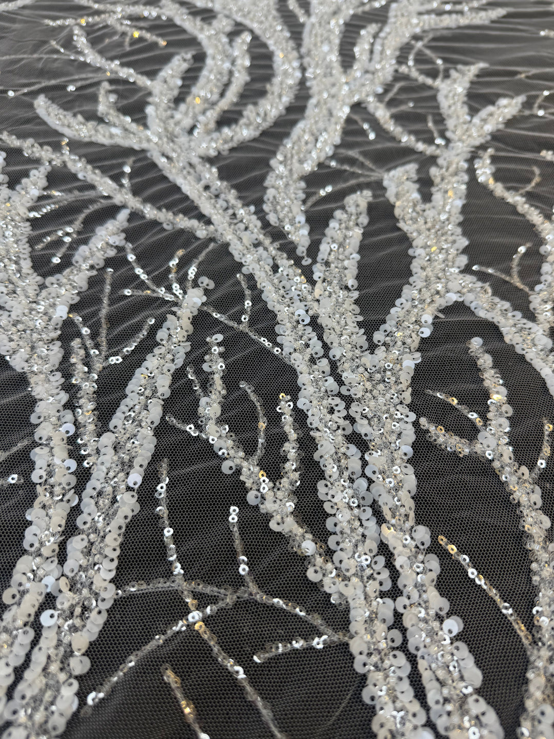 Luxury Silver Sequin Embroidered Tulle – Tree Branch Design ( 1 Piece = 4 Meter)