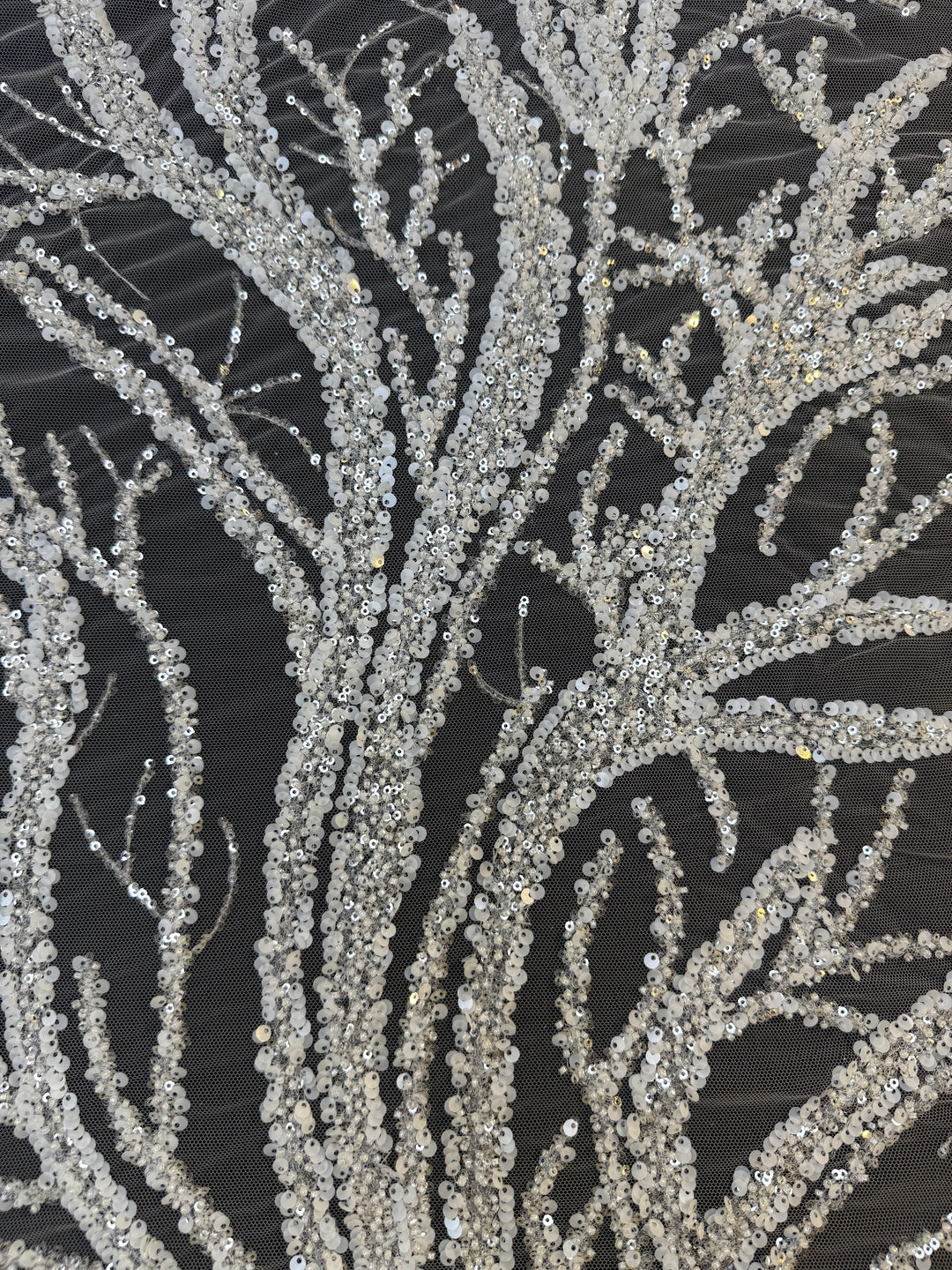 Luxury Silver Sequin Embroidered Tulle – Tree Branch Design