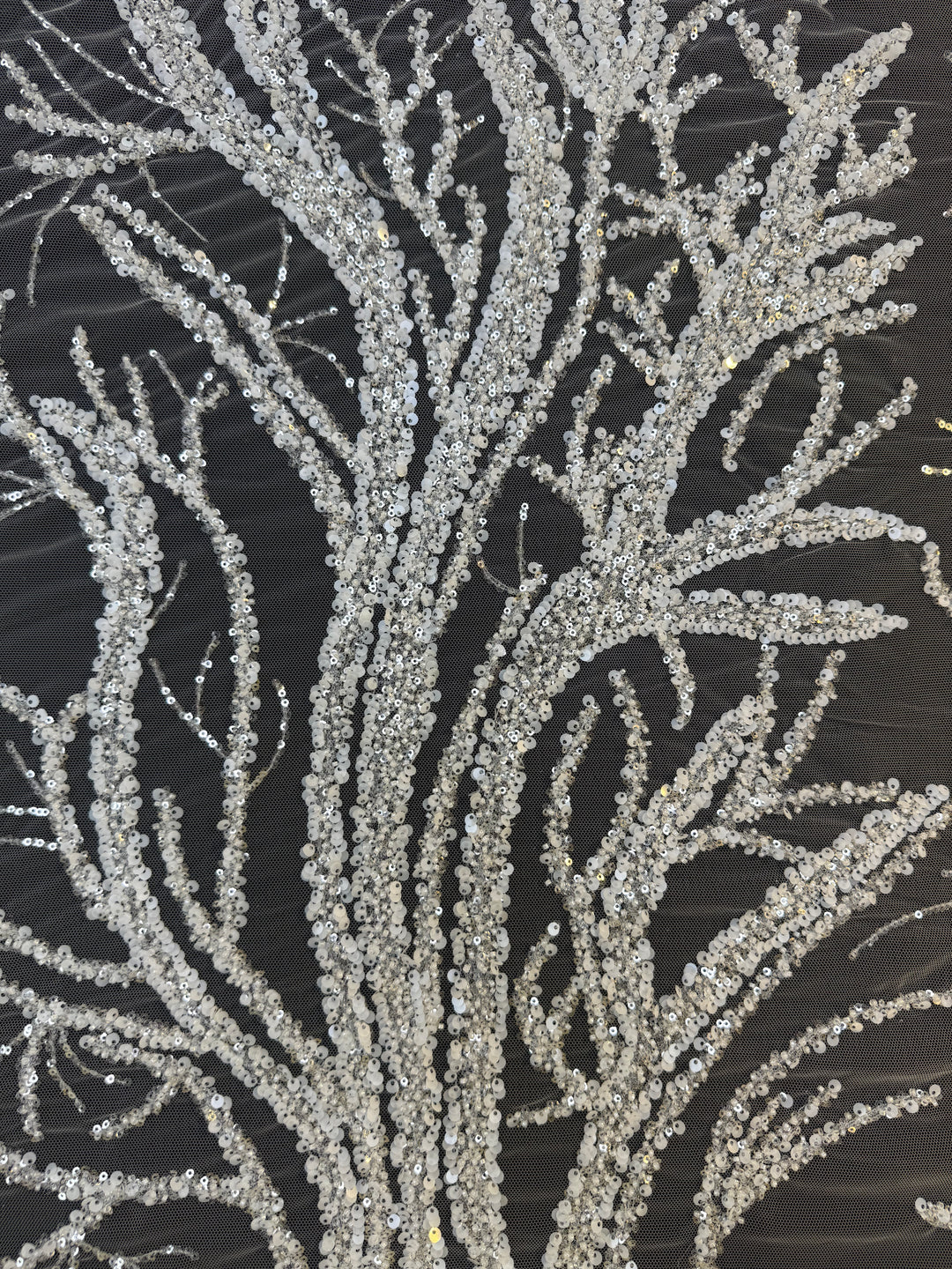 Luxury Silver Sequin Embroidered Tulle – Tree Branch Design