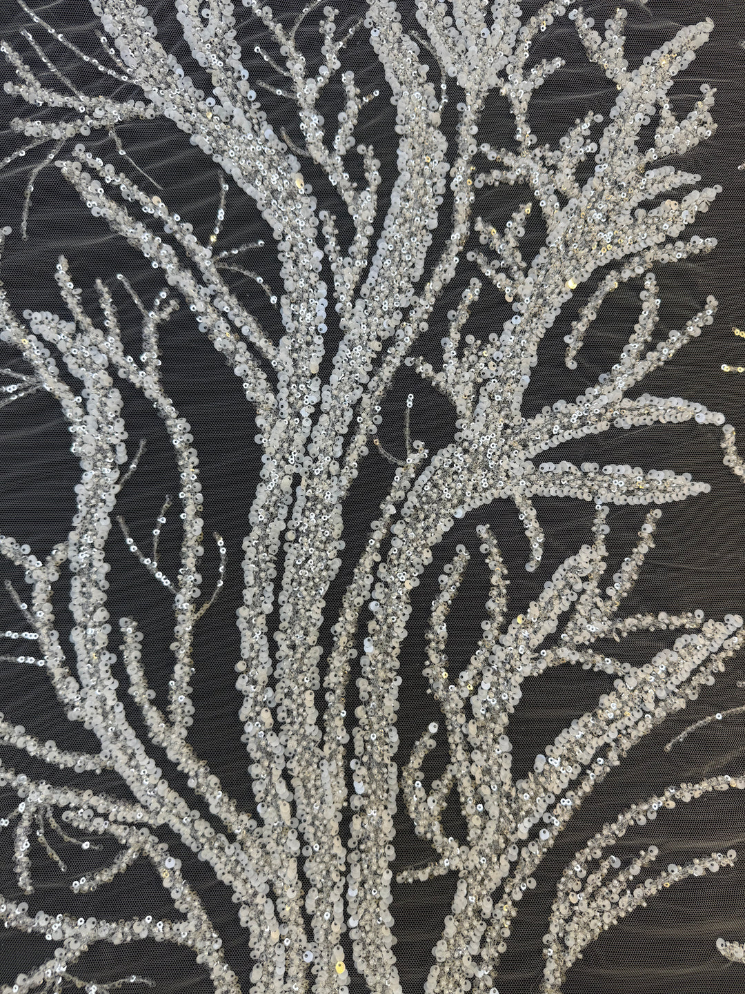 Luxury Silver Sequin Embroidered Tulle – Tree Branch Design ( 1 Piece = 4 Meter)
