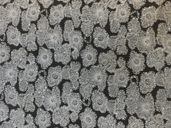 Luxury 3D Beaded Floral Lace with Sequins – Silver Embellished Tulle Fabric ( 1 Piece = 4 Meter)