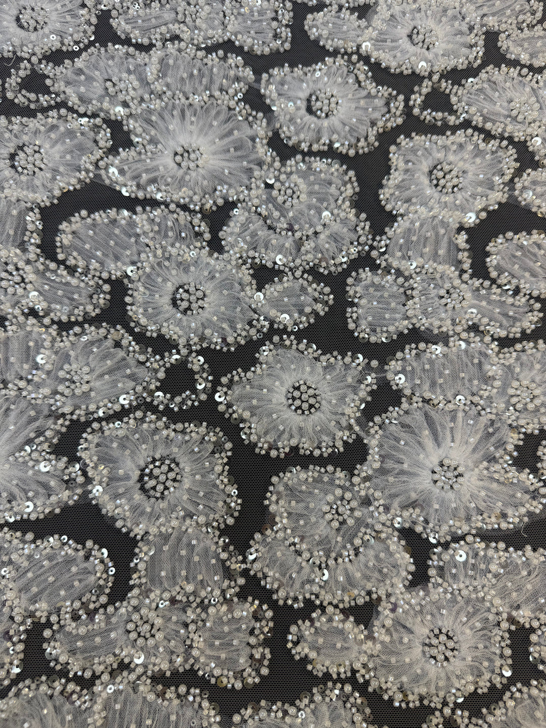 Luxury 3D Beaded Floral Lace with Sequins – Silver Embellished Tulle Fabric ( 1 Piece = 4 Meter)