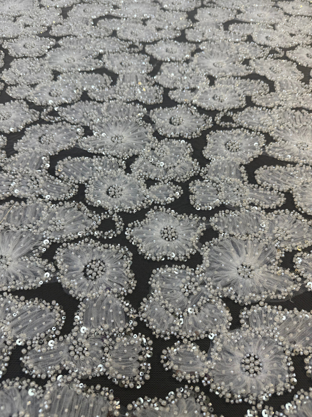 Luxury 3D Beaded Floral Lace with Sequins – Silver Embellished Tulle Fabric ( 1 Piece = 4 Meter)