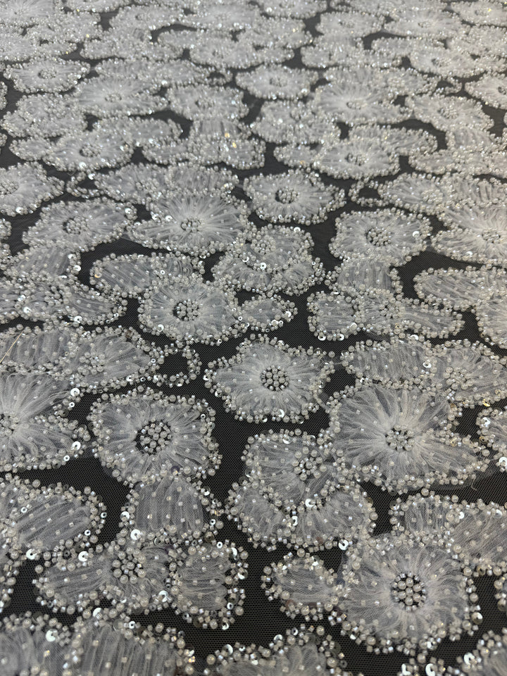 Luxury 3D Beaded Floral Lace with Sequins – Silver Embellished Tulle Fabric ( 1 Piece = 4 Meter)
