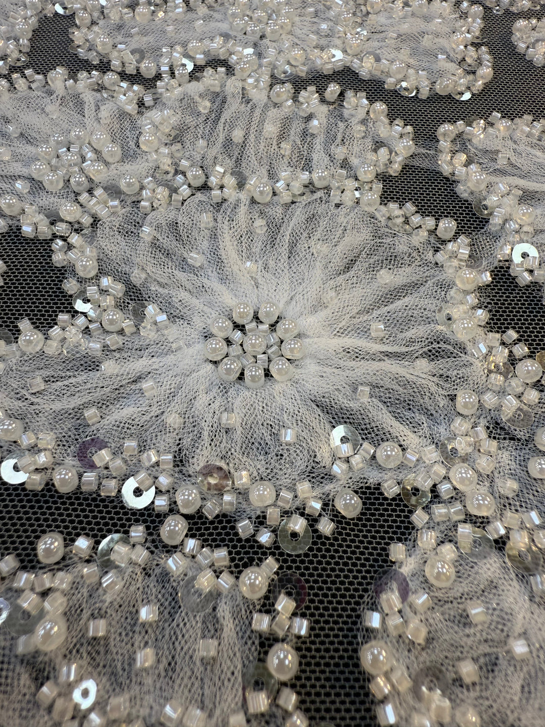 Luxury 3D Beaded Floral Lace with Sequins – Silver Embellished Tulle Fabric ( 1 Piece = 4 Meter)