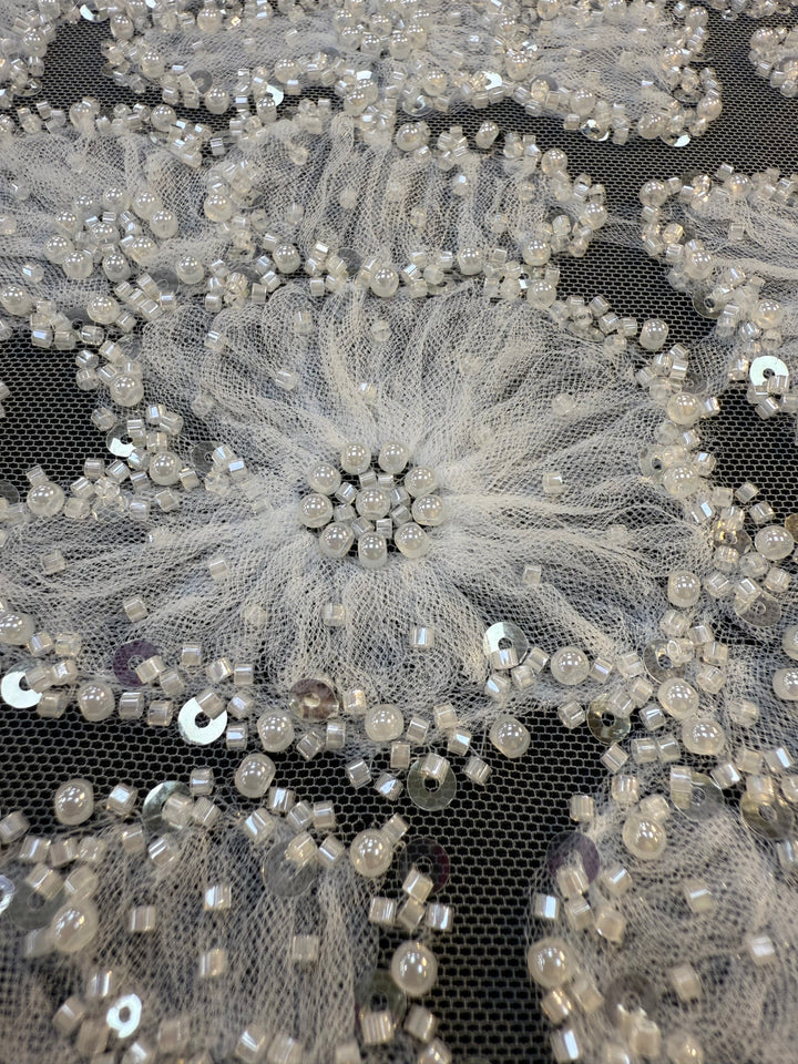 Luxury 3D Beaded Floral Lace with Sequins – Silver Embellished Tulle Fabric ( 1 Piece = 4 Meter)