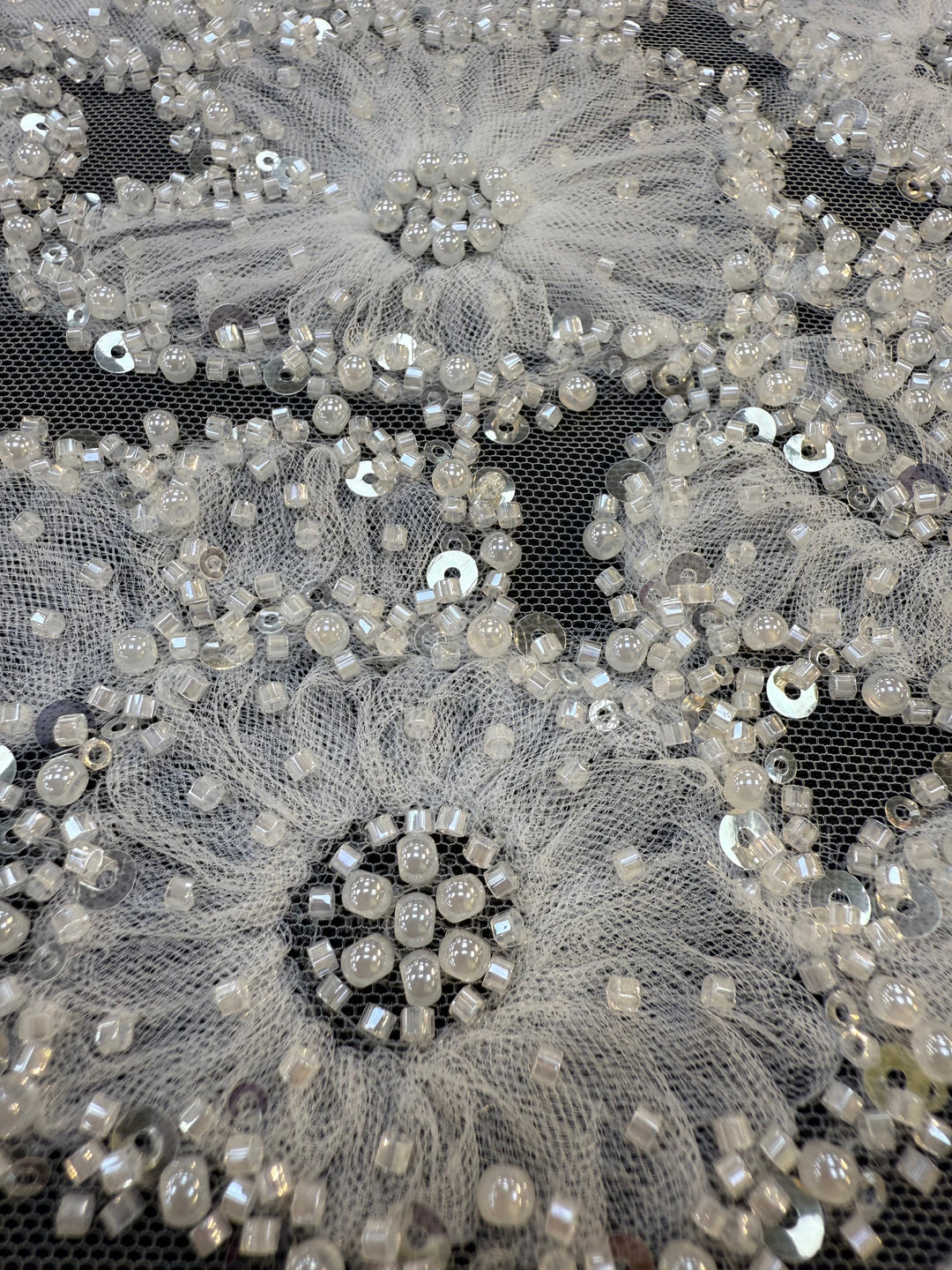 Luxury 3D Beaded Floral Lace with Sequins – Silver Embellished Tulle Fabric ( 1 Piece = 4 Meter)
