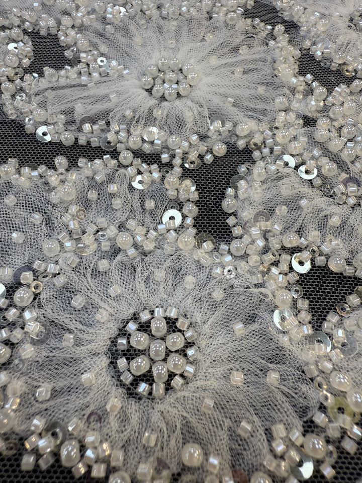 Luxury 3D Beaded Floral Lace with Sequins – Silver Embellished Tulle Fabric ( 1 Piece = 4 Meter)