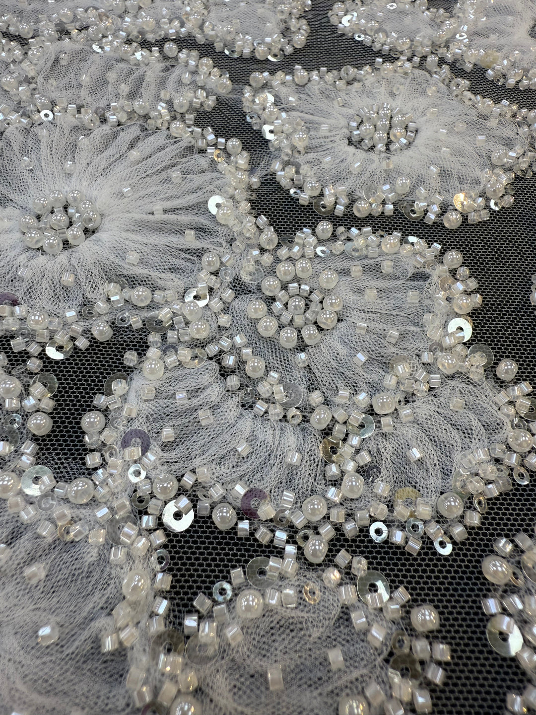 Luxury 3D Beaded Floral Lace with Sequins – Silver Embellished Tulle Fabric ( 1 Piece = 4 Meter)