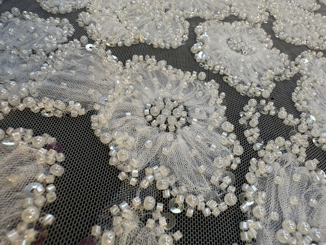 Luxury 3D Beaded Floral Lace with Sequins – Silver Embellished Tulle Fabric ( 1 Piece = 4 Meter)